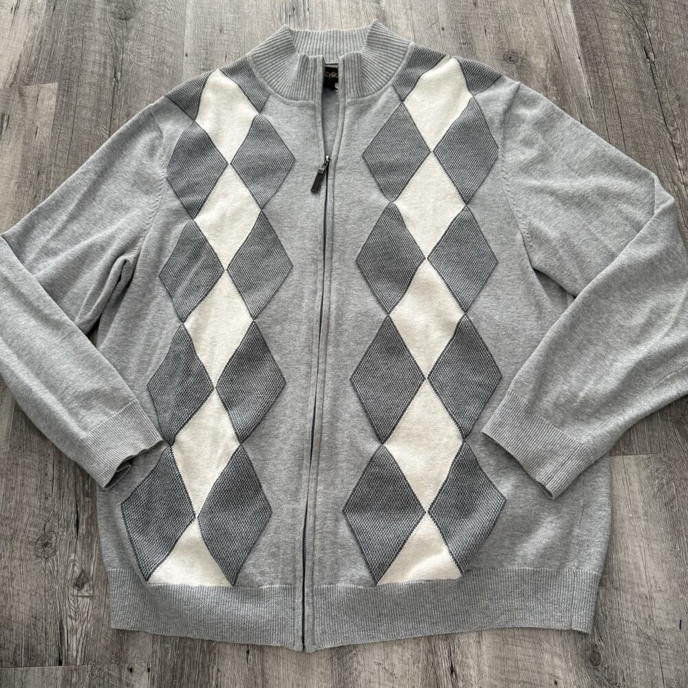 Tasso Elba Argyle Sweater Mens XL Gray Full-Zip 100% Cotton Lightweight Diamonds